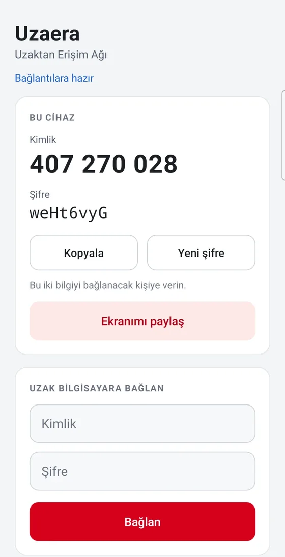 Uzaera Android uygulamasının ana ekranı: kimlik, şifre, Ekranımı paylaş ve Uzak bilgisayara bağlan