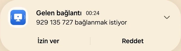 Telefondaki Uzaera bildirimi: Gelen bağlantı, kimlik bağlanmak istiyor, İzin ver ve Reddet düğmeleri