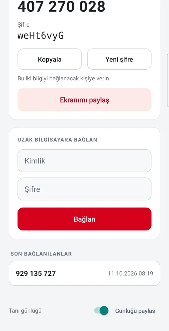 Uzaera Android: Uzak bilgisayara bağlan alanı, Son bağlanılanlar listesi ve Tanı günlüğü seçeneği