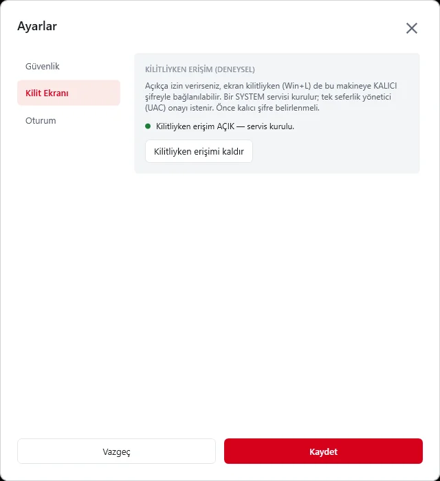 Uzaera Ayarlar, Kilit Ekranı bölümü: kilitliyken erişim (deneysel) ayarı